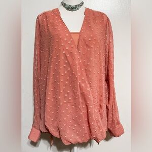 EUC Lisa Rinna Blouse/Tank Top Women Size XL Salmon Sheer Swiss Dot Wrap V Neck